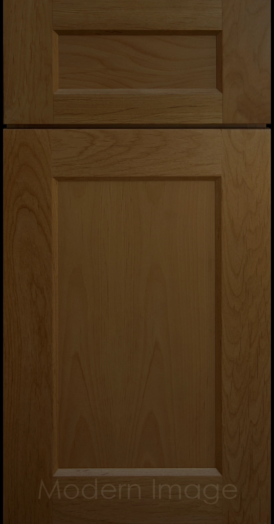 Laguna Cognac-stained painted Shaker kitchen cabinet door with wide rails, inside profile and flat center panel.